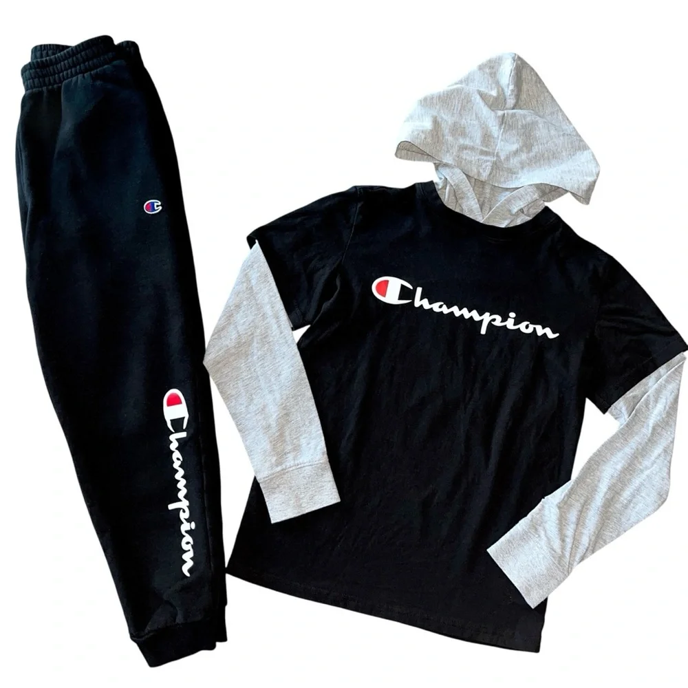 Champion Boys Sz M 2 Piece Bundle Black Gray Long Sleeve Hoodie Tee Joggers Set